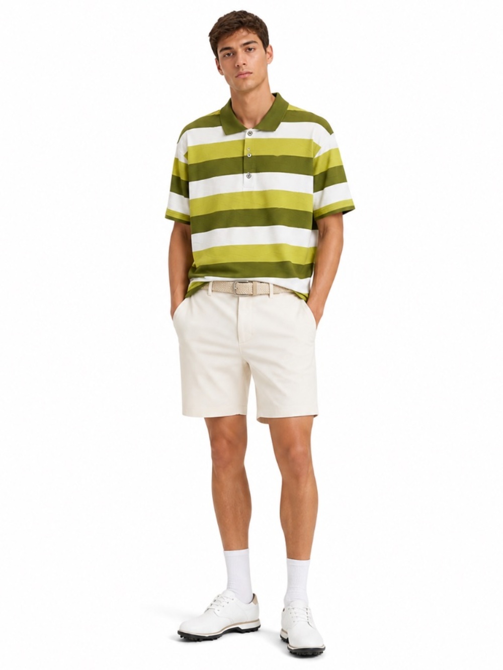 Antigua Green & White Striped Textured Golf Polo Shirt - Size Large EUC